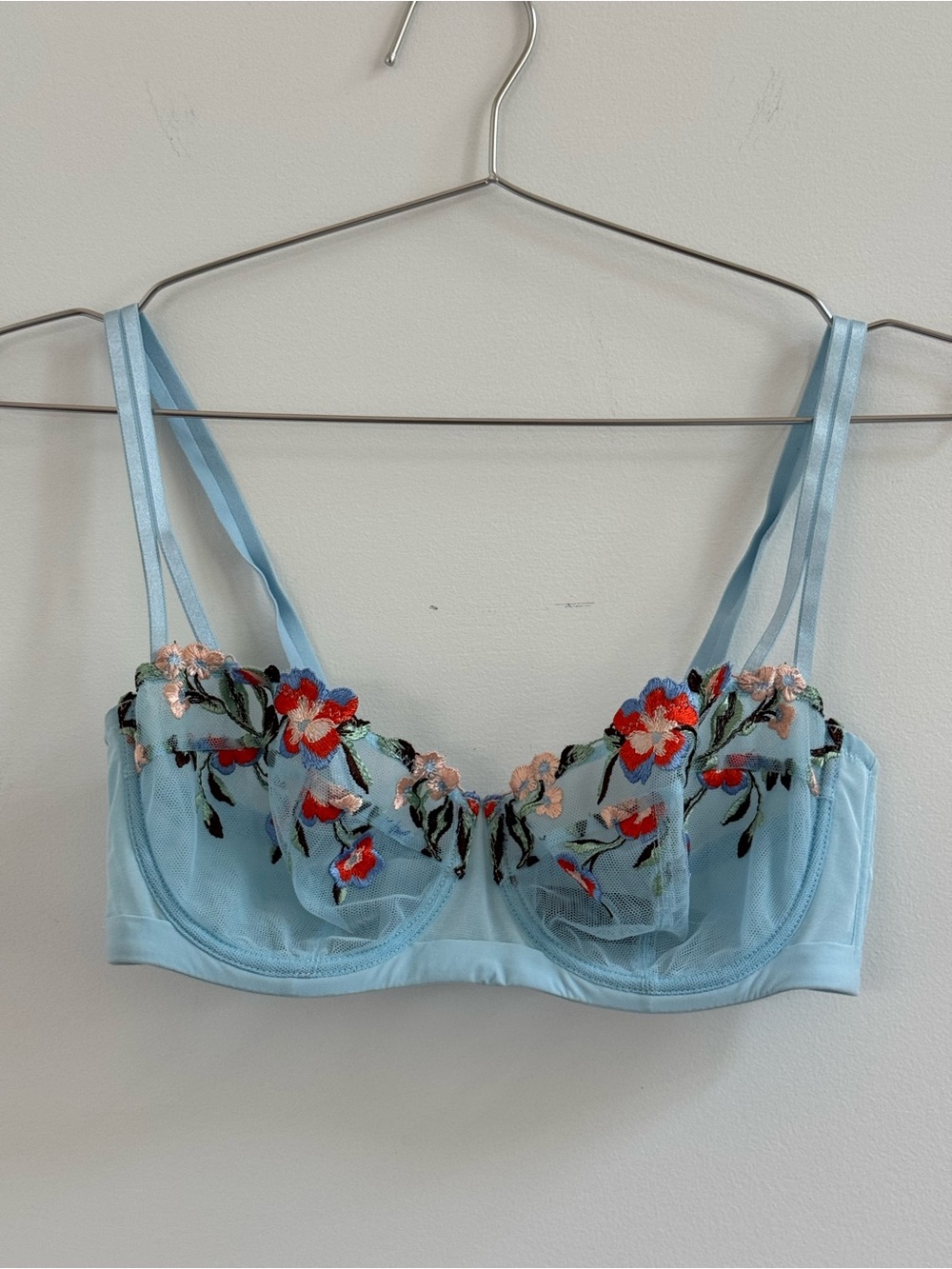 Light Blue Floral Embroidered Sheer Balconette Bra